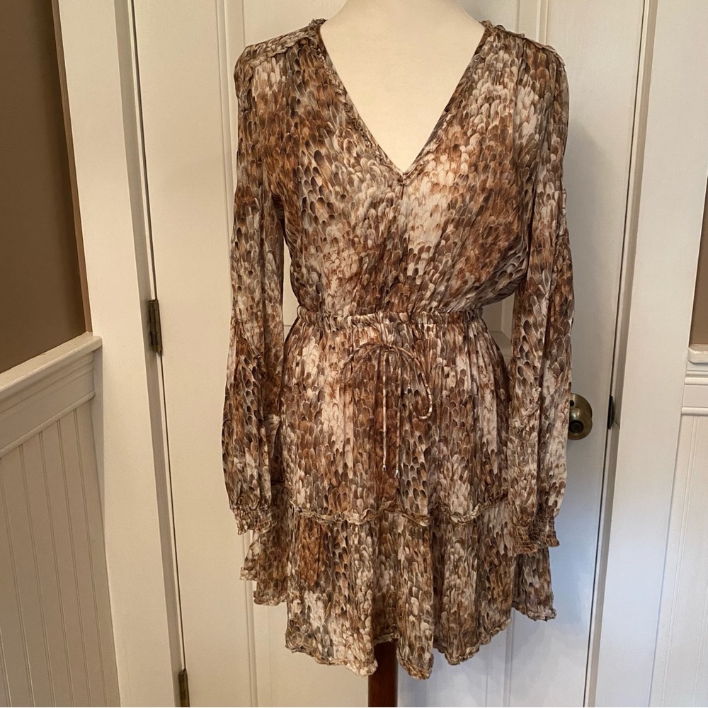 STEELE BRAND ANTHROPOLOGIE DRESS MINI V-NECK LONG SLEEVE BROWN WHITE GRAY SIZE M